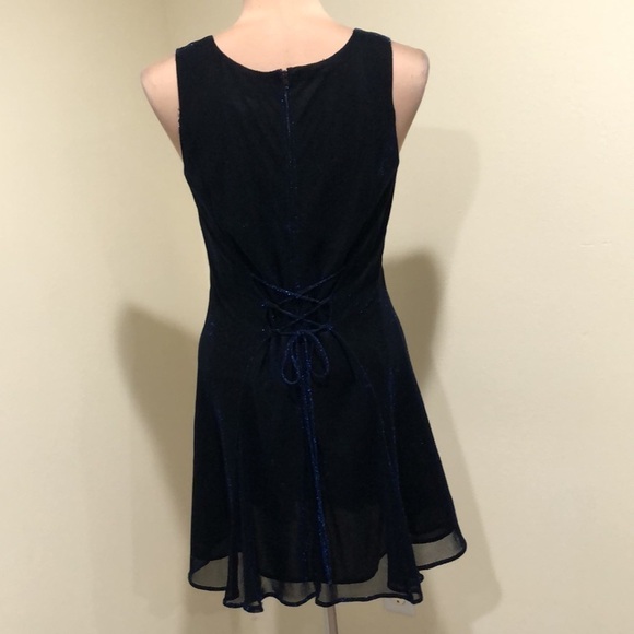 Vintage 90s Metallic Blue Dress Size 8 Corset Lace Up Back - Picture 5 of 10